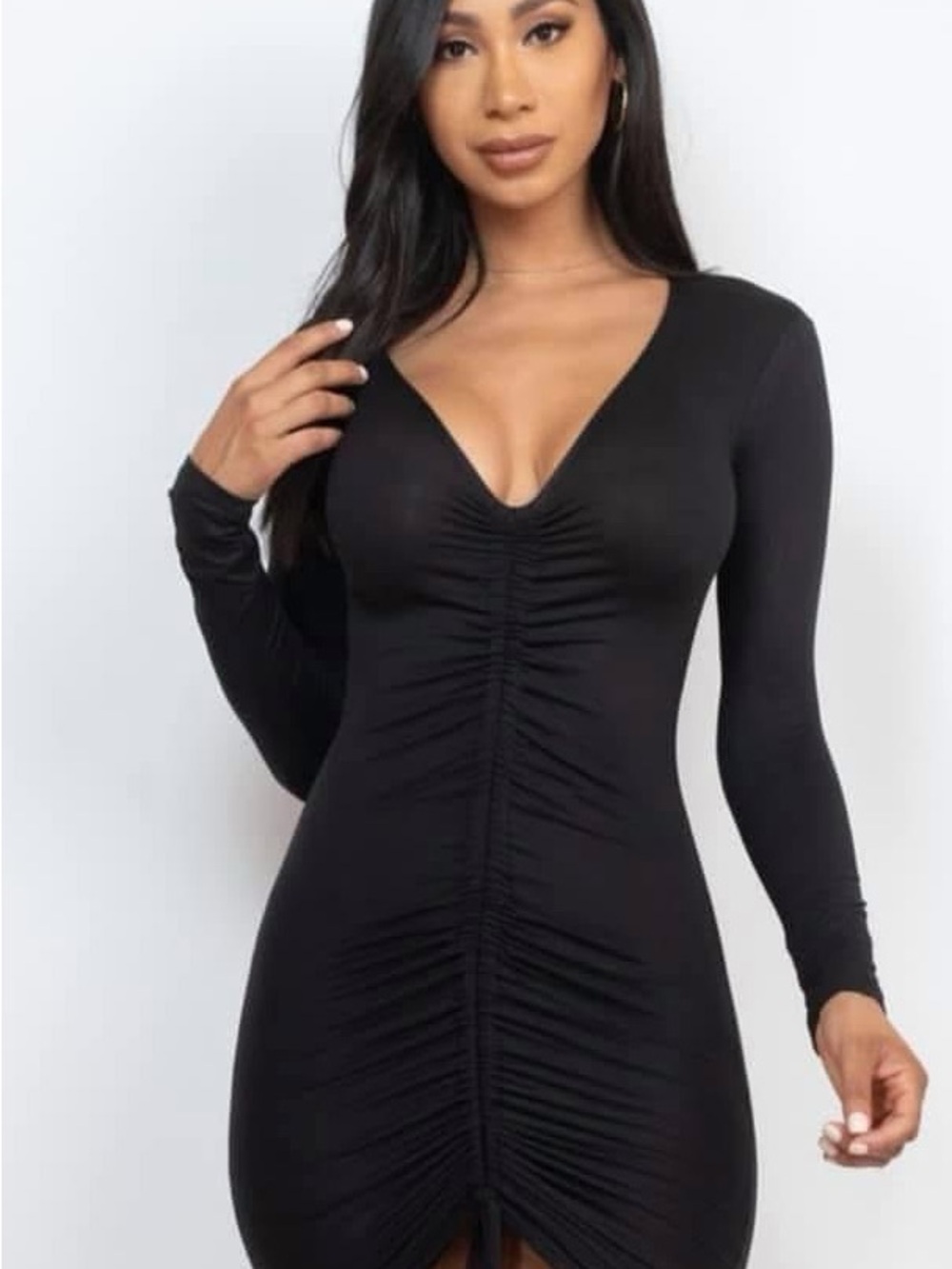 Black Ruched V-Neck Long Sleeve Bodycon Dress